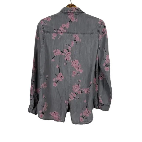 Billy T Women Cherry Blossom Shirt Small Lyocell Roll Tab Floral Preppy Cottage - Picture 3 of 7